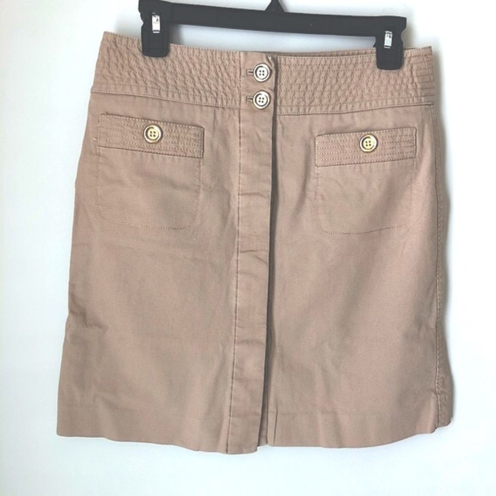 Talbots‎ Pencil Skirt Tan Khaki Gold Buttons Mid Thigh Cotton 6 Petite
